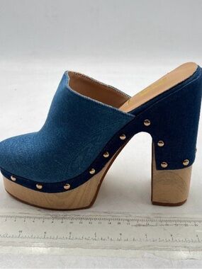 FSJ Blue Denim Platform Mule Clogs with Gold Studs